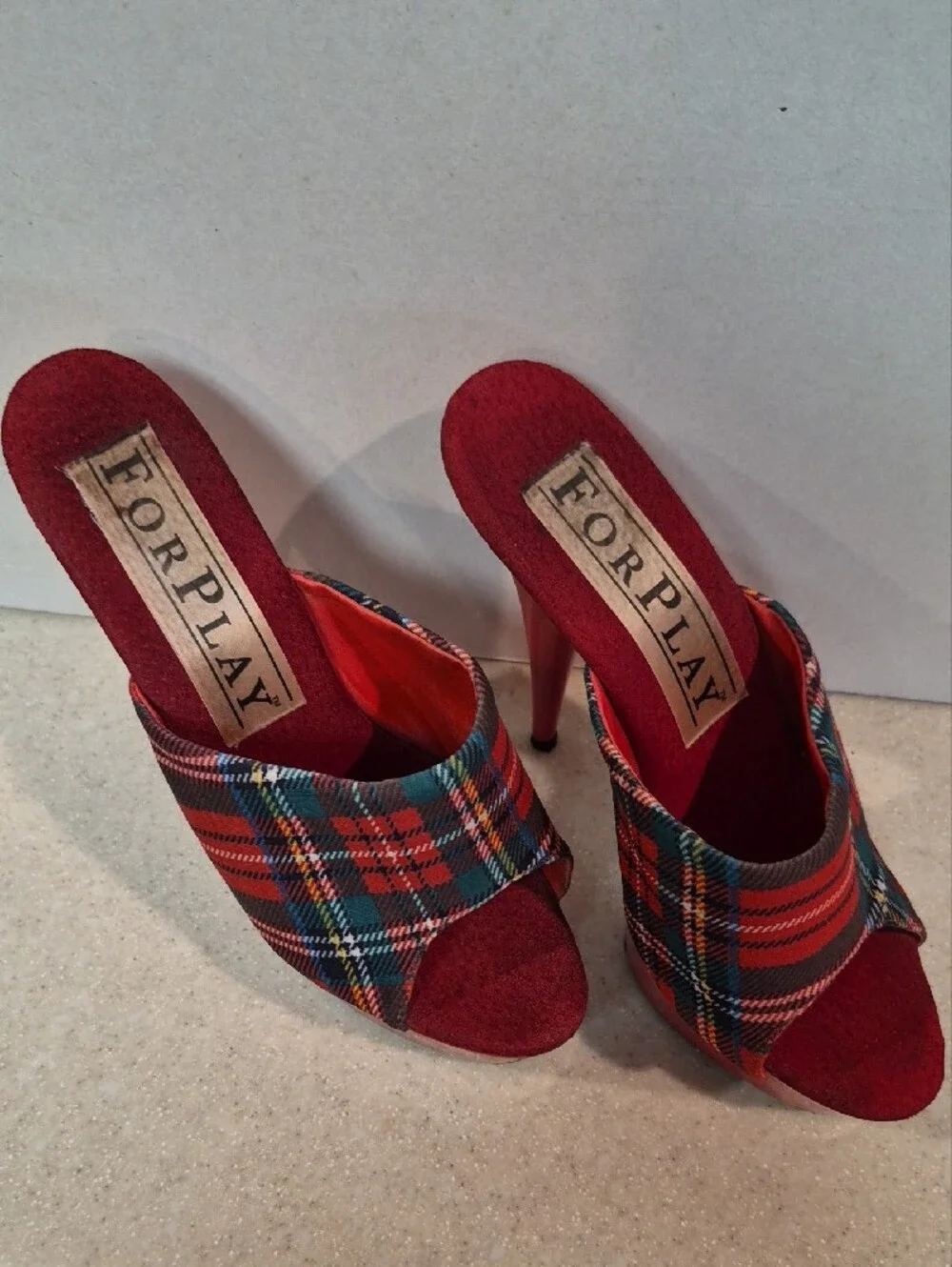 Forplay Red Plaid Platform Slide Heels with Multicolor Tartan Upper 8